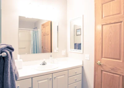Bathroom sink and mirror next to a wooden door.