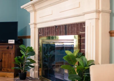 A white traditional fireplace with a brick hearth and potted plants.