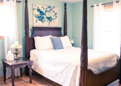 Bedroom featuring a dark wood four-poster bed and blue walls.